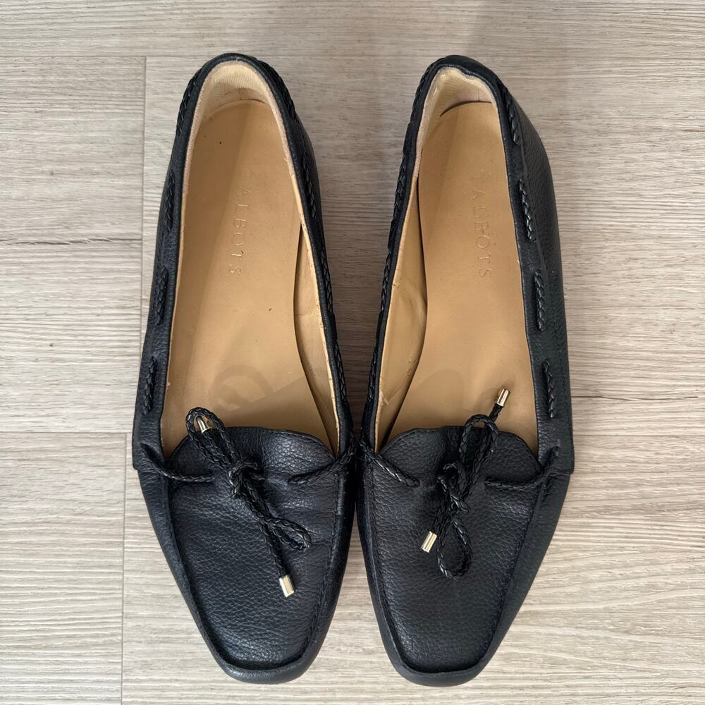 Talbots Black Pebbled Leather Tie Detail Driving Loafer Shoes Size 9.5